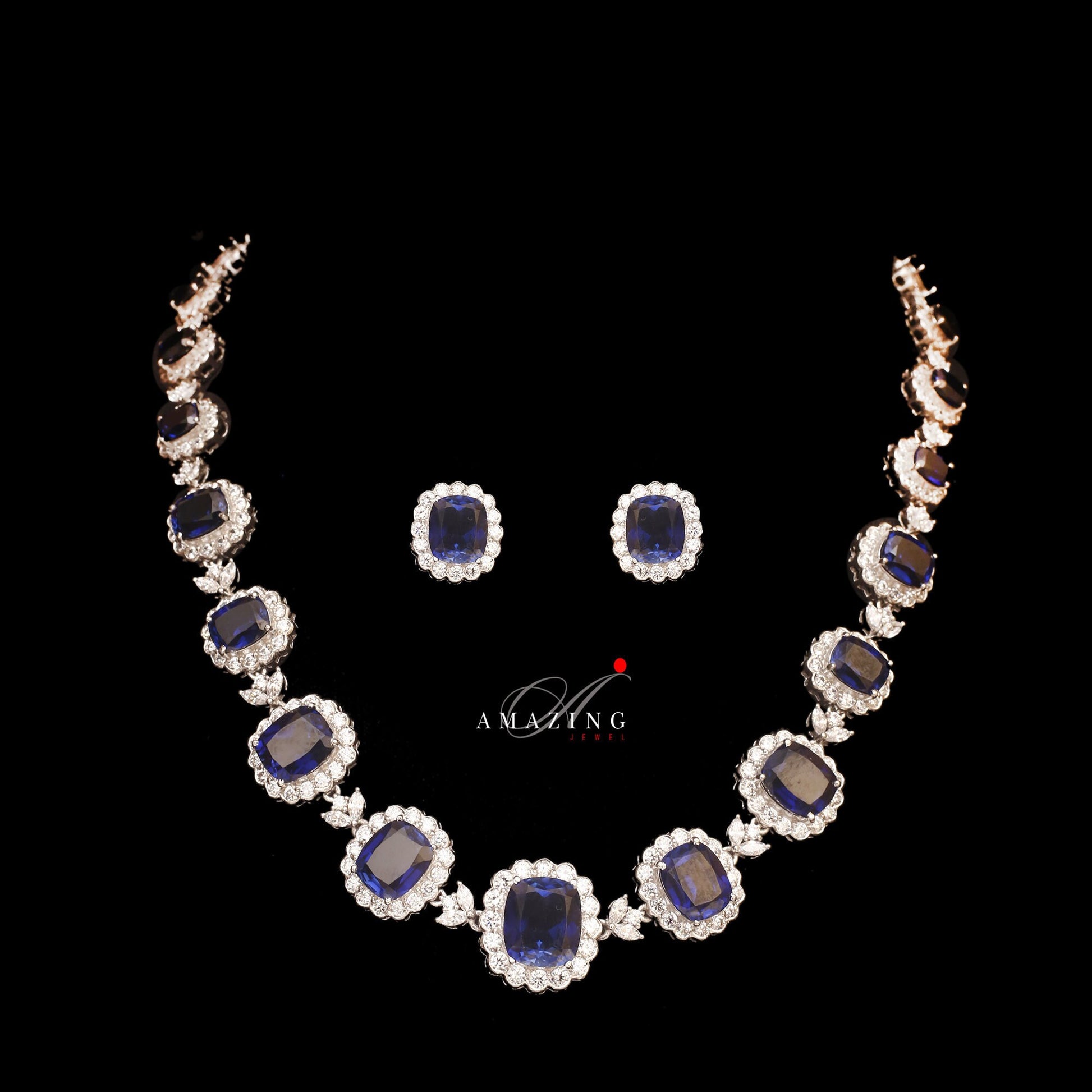 Silver Swarovski & Blue Sapphire Neckalce Indian Wedding Jewelry Indian Traditional Jewelry Bridal Jewelry 925 Sterling Silver Necklace