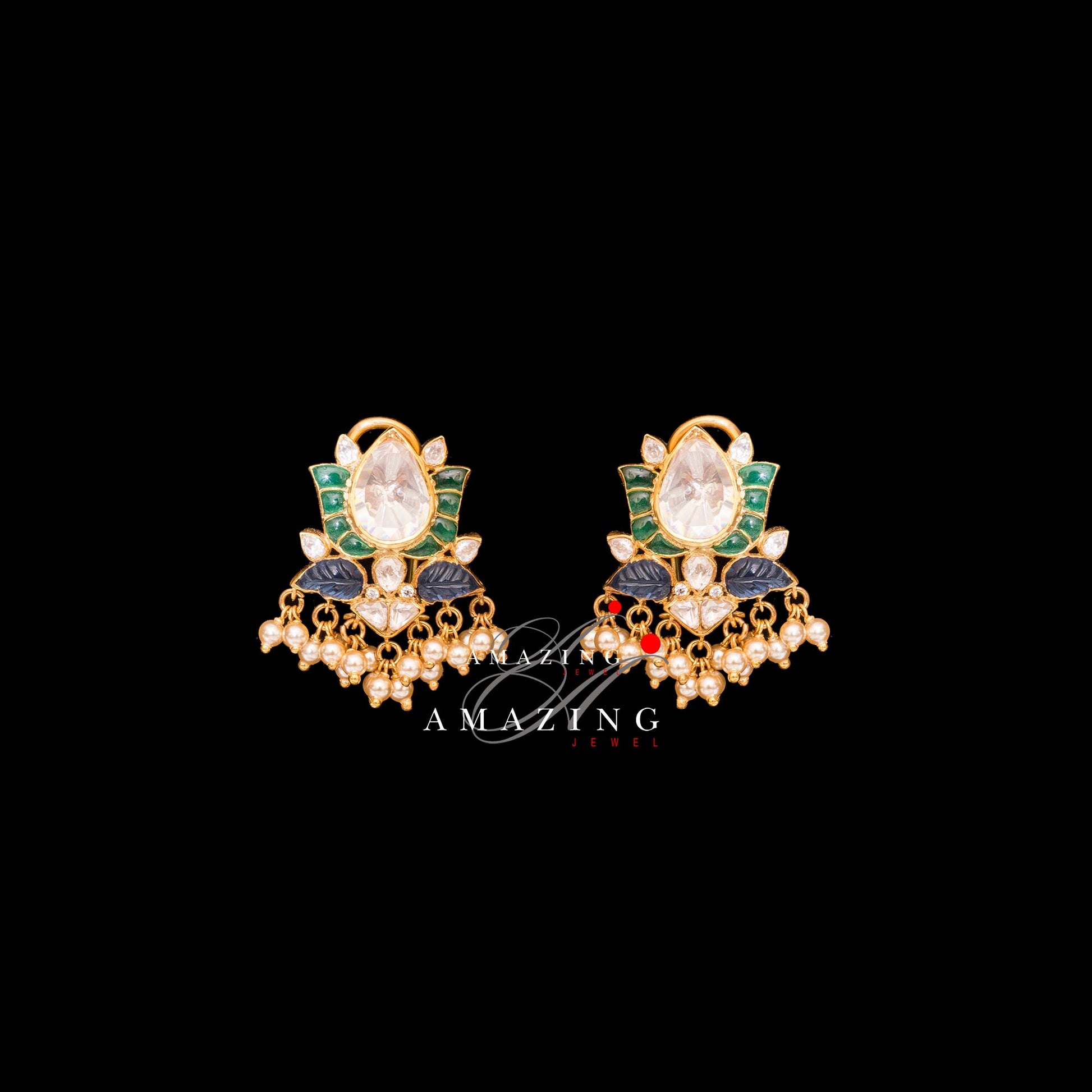 Silver Moissanite Polki Emerald &sapphire Fresh Water Pearl Earring  Moissanite Polki Earring Bridal Jewelry Traditional Jewelry polki stud