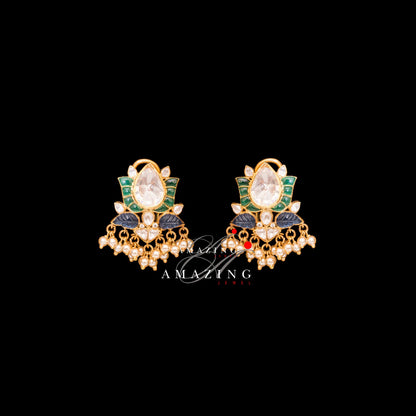 Silver Moissanite Polki Emerald &sapphire Fresh Water Pearl Earring  Moissanite Polki Earring Bridal Jewelry Traditional Jewelry polki stud