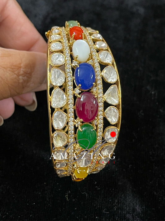 Silver Moissanite Polki Bracelet Navratan Polki Bracelets Indian Traditional Bracelets Semi Precious Bracelets Openable Kada Bridal Jewelry