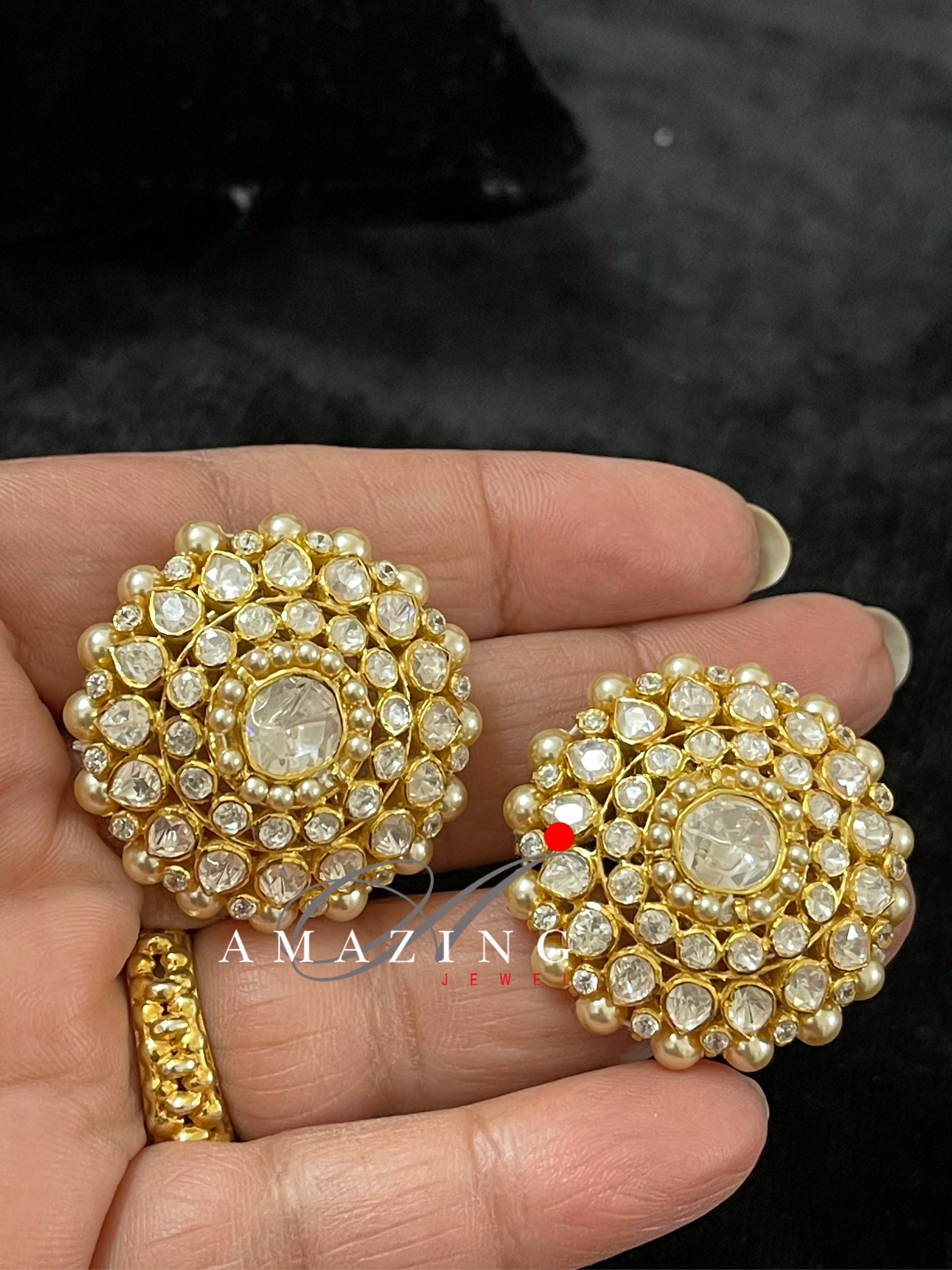 Silver Moissanite Polki with Pearls Earring  Moissanite Kundan Earring   Stud Earring  Bridal Jewelry  Traditional Jewelry   Woman Jewelry