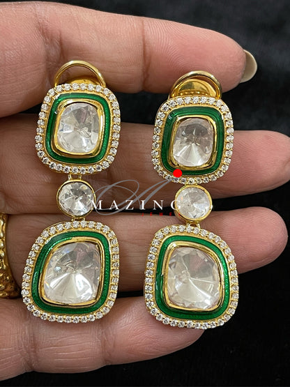 Silver Moissanite Polki Enamel Earring  Moissanite Kundan Chandelier  Bridal Jewelry  Traditional Jewelry   925 Sterling Silver Earring