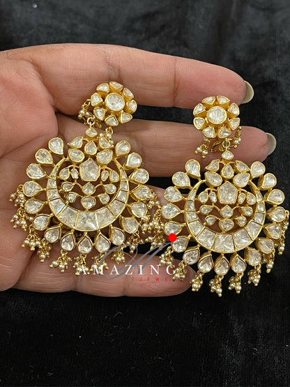 Silver Moissanite Polki with Pearls Earring   Moissanite Kundan Chandbali  Bridal Jewelry  Traditional Jewelry   925 Sterling Silver Earring