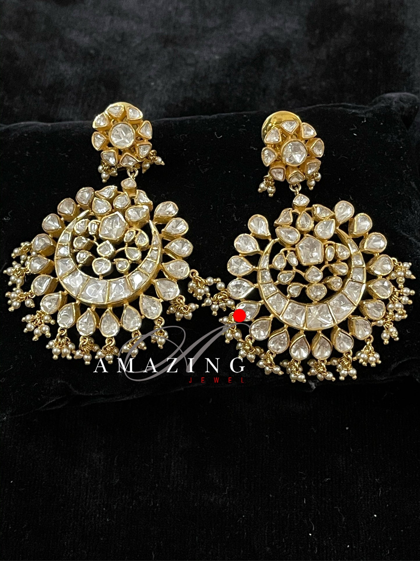 Silver Moissanite Polki with Pearls Earring   Moissanite Kundan Chandbali  Bridal Jewelry  Traditional Jewelry   925 Sterling Silver Earring