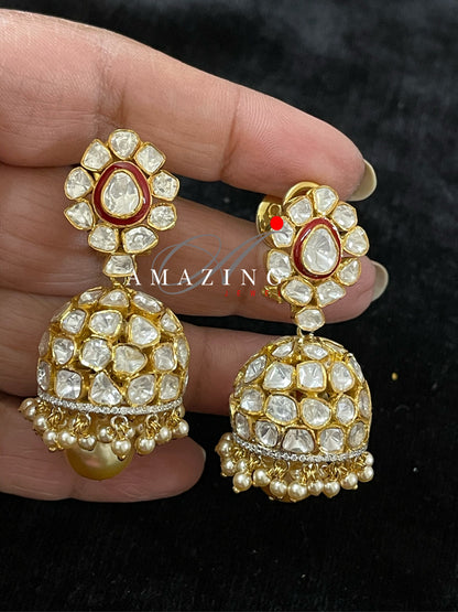 Silver Moissanite Polki Jhumka Earring Moissanite Polki Kundan Earring Indian Wedding Jewelry Silver Moissanite Polki Earring Bridal Jhumka