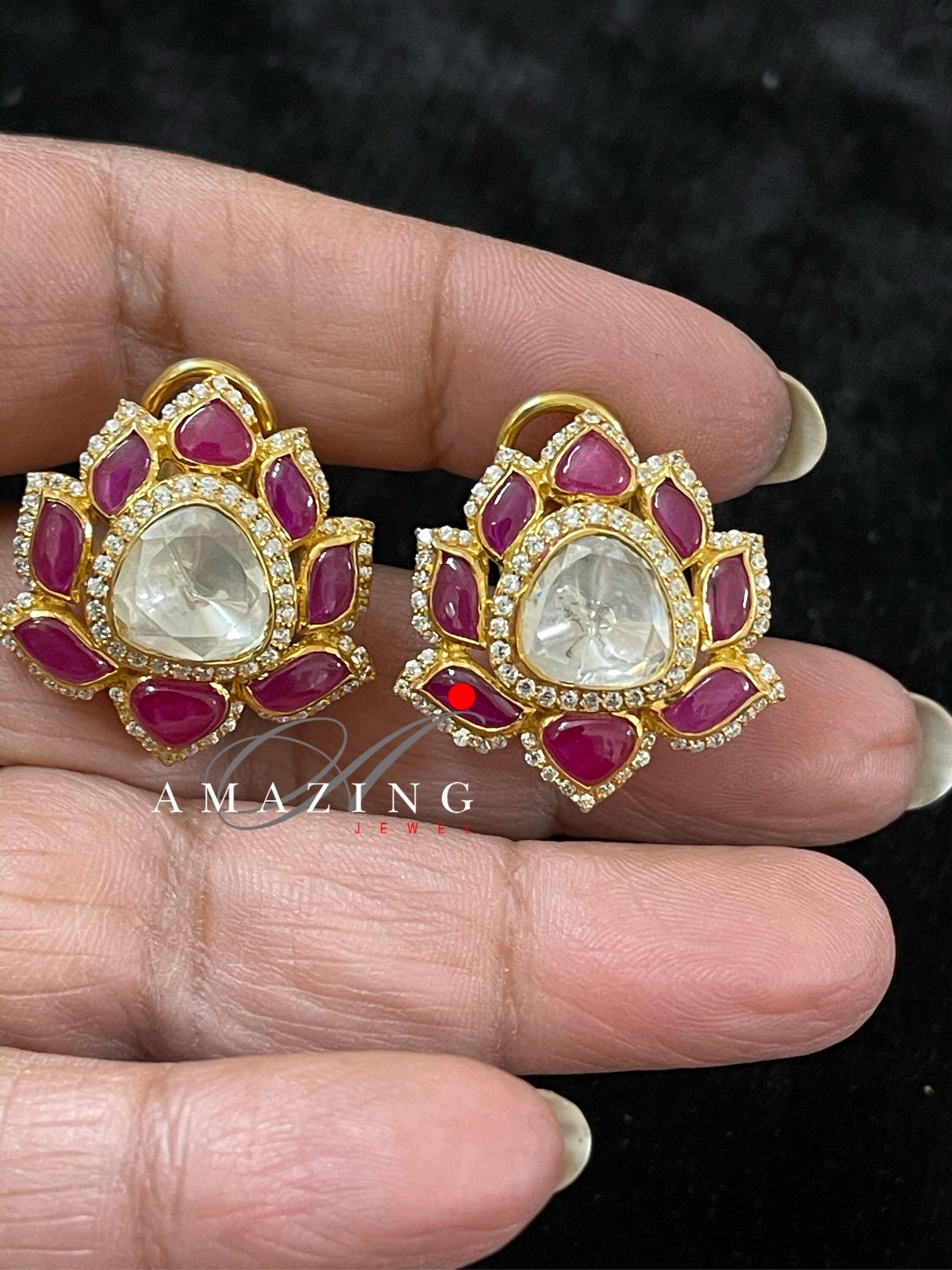 Silver Moissanite Polki with Hydro Ruby Chips Earring Moissanite Polki Kundan Earring Indian Wedding Jewelry Everyday jewellery Studs