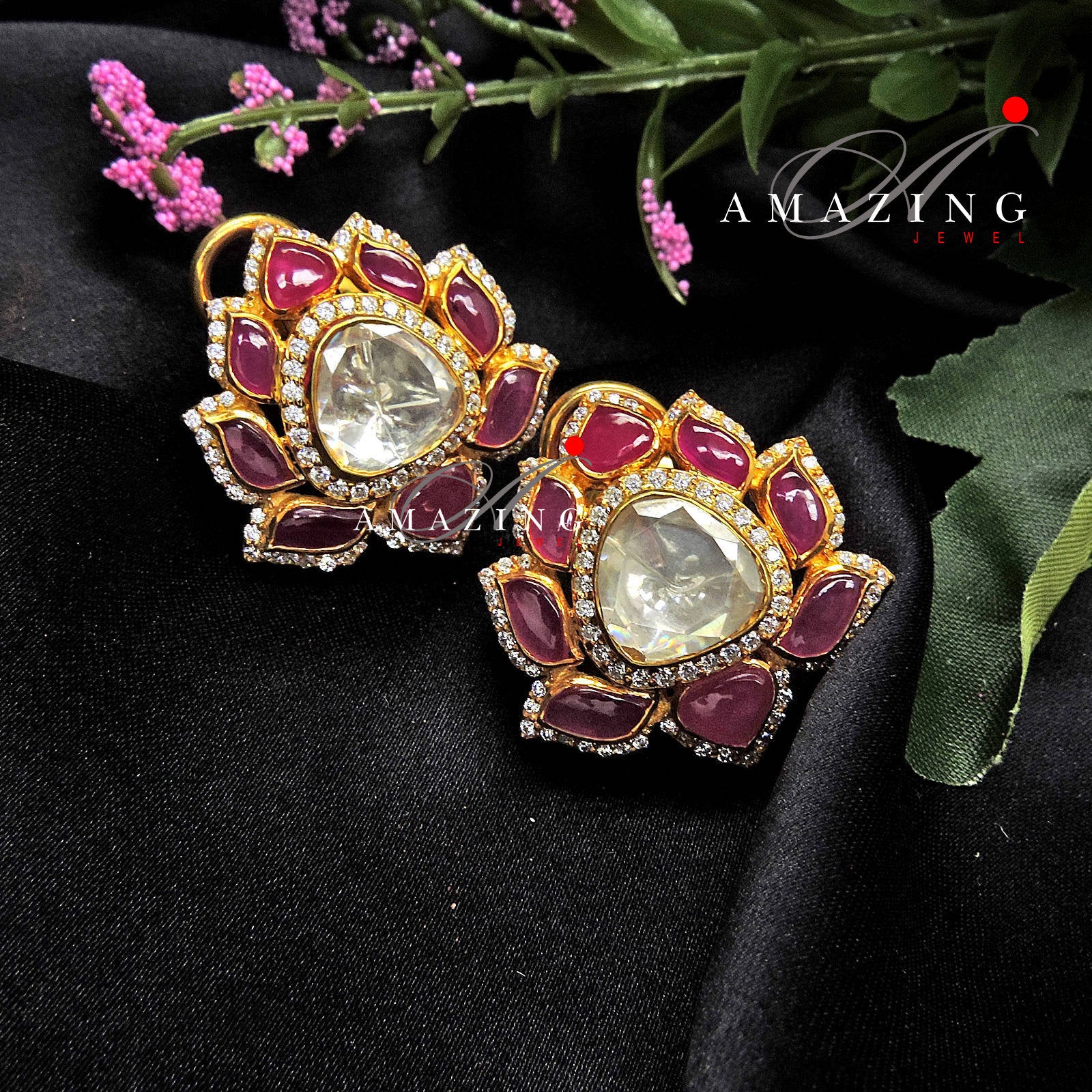 Silver Moissanite Polki with Hydro Ruby Chips Earring Moissanite Polki Kundan Earring Indian Wedding Jewelry Everyday jewellery Studs