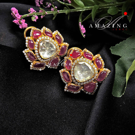 Silver Moissanite Polki with Hydro Ruby Chips Earring Moissanite Polki Kundan Earring Indian Wedding Jewelry Everyday jewellery Studs