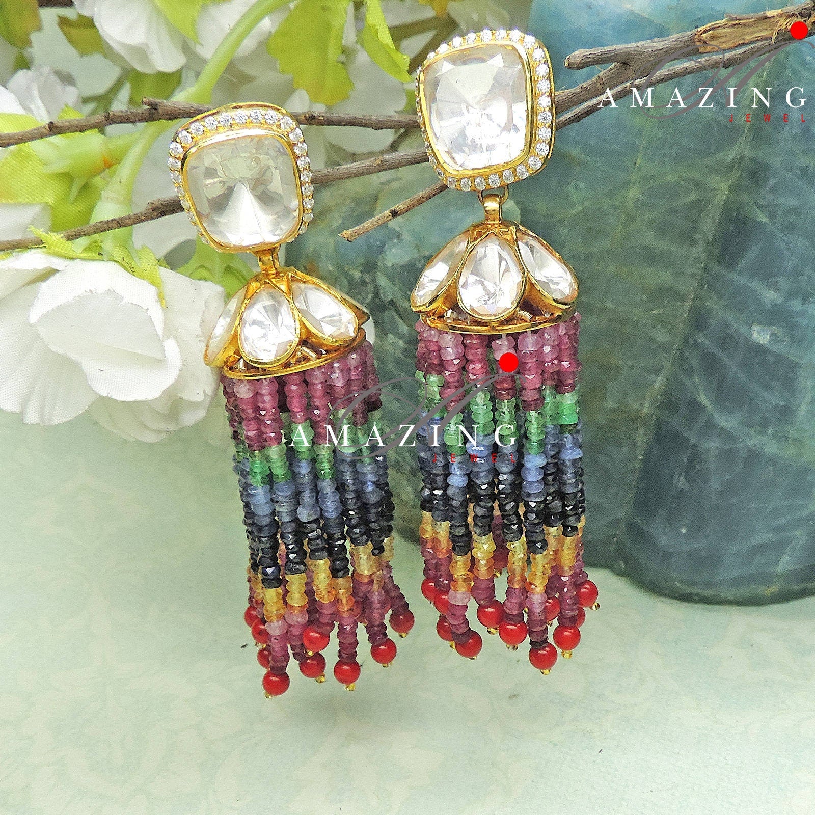 Silver Moissanite Polki Semi Precious Navaratan Beads Tassel Earring,Polki Earring IndianWedding Jewelry,BridalWear,Indian Wedding Jewellery