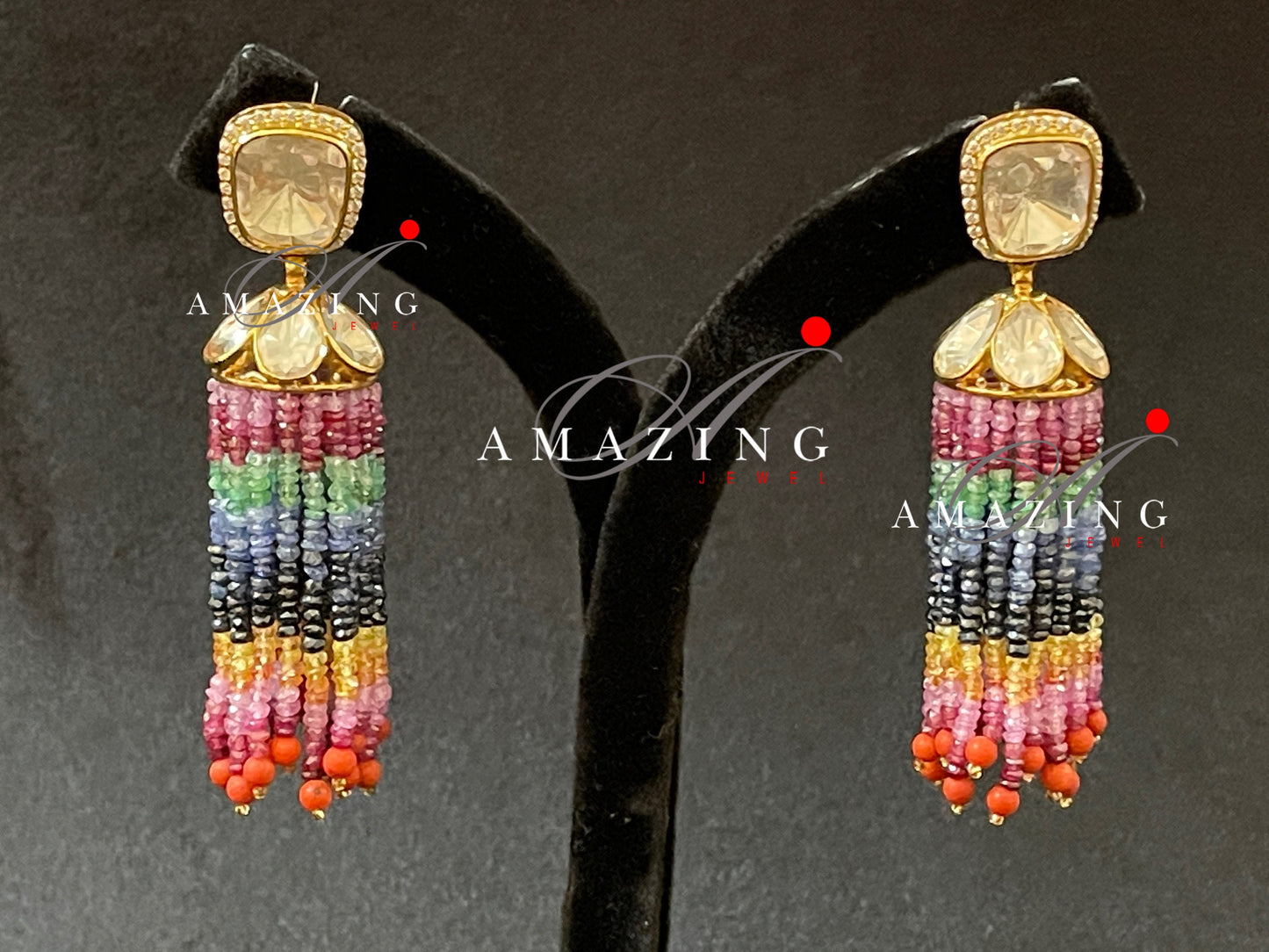 Silver Moissanite Polki Semi Precious Navaratan Beads Tassel Earring,Polki Earring IndianWedding Jewelry,BridalWear,Indian Wedding Jewellery