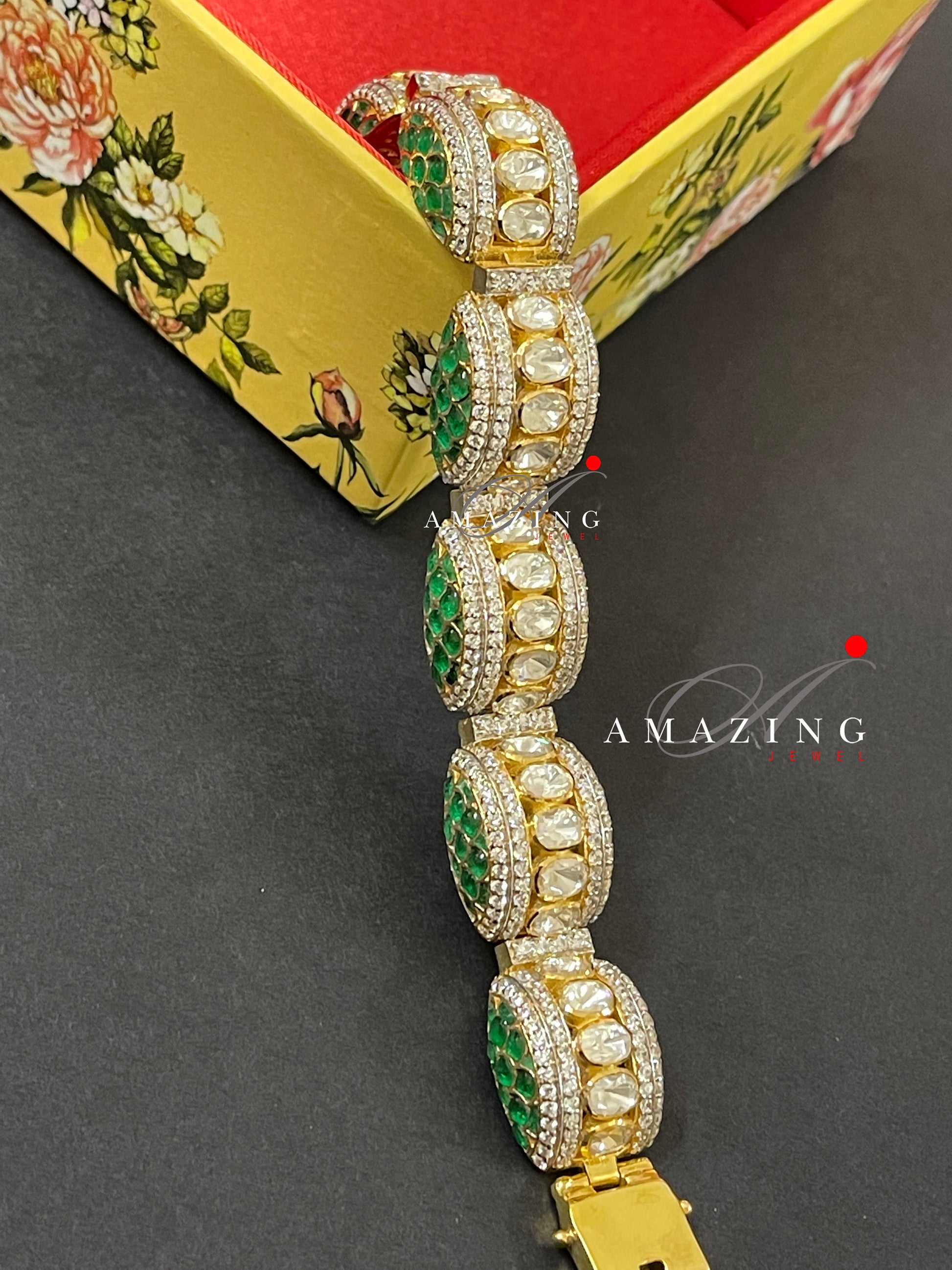 Silver Moissanite Polki Hydro Ruby& Emerald Chip Stones Bracelet,Indian Traditional Bracelet,Moissanite Bracelets  Screw lock,Bridal Jewelry