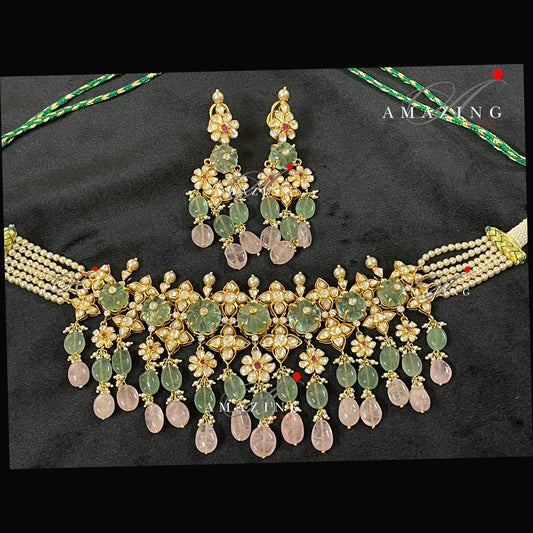 Silver Moissanite Polki Choker with Russian Emerald & Morganite Hydro Beads,Polki Jewelery Set,Indian Traditional Wedding Jewelery,Polki set