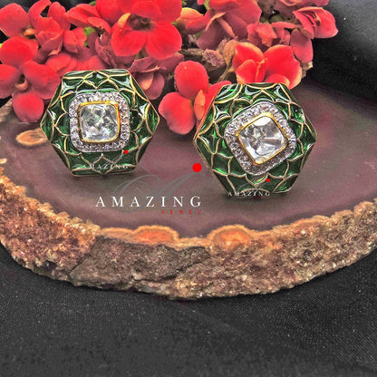 Silver Moissanite Polki Enamel Earring Moissanite Polki Kundan Studs Indian Wedding Jewelery Everyday jewellery Studs Party wear Earring