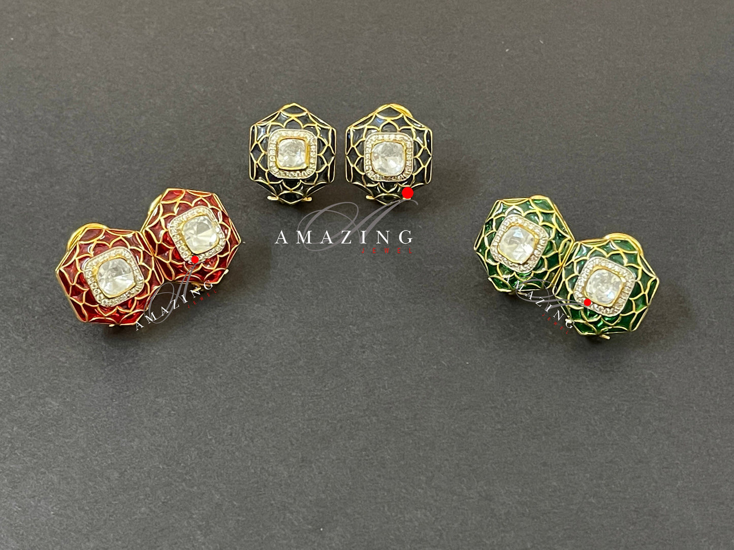 Silver Moissanite Polki Enamel Earring Moissanite Polki Kundan Studs Indian Wedding Jewelery Everyday jewellery Studs Party wear Earring