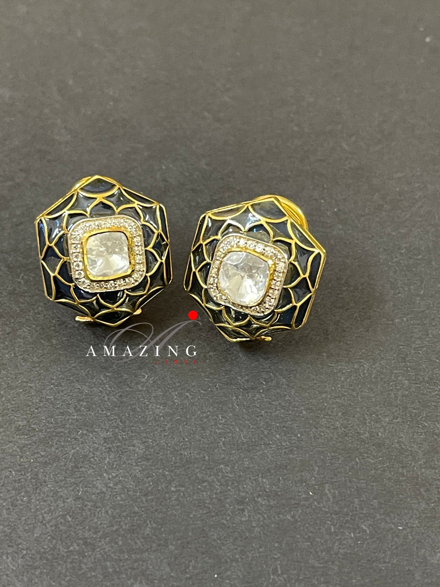 Silver Moissanite Polki Enamel Earring Moissanite Polki Kundan Studs Indian Wedding Jewelery Everyday jewellery Studs Party wear Earring