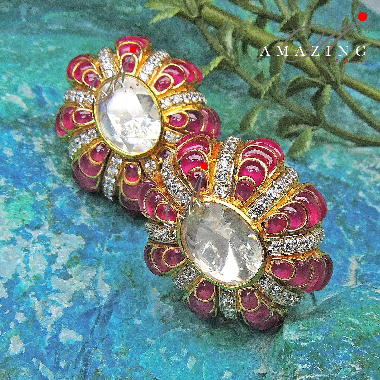 Silver Moissanite Polki with Hydro Ruby Chips Earring Moissanite Polki Kundan Stud Indian Wedding Jewelery Everyday Wear Studs Earrings