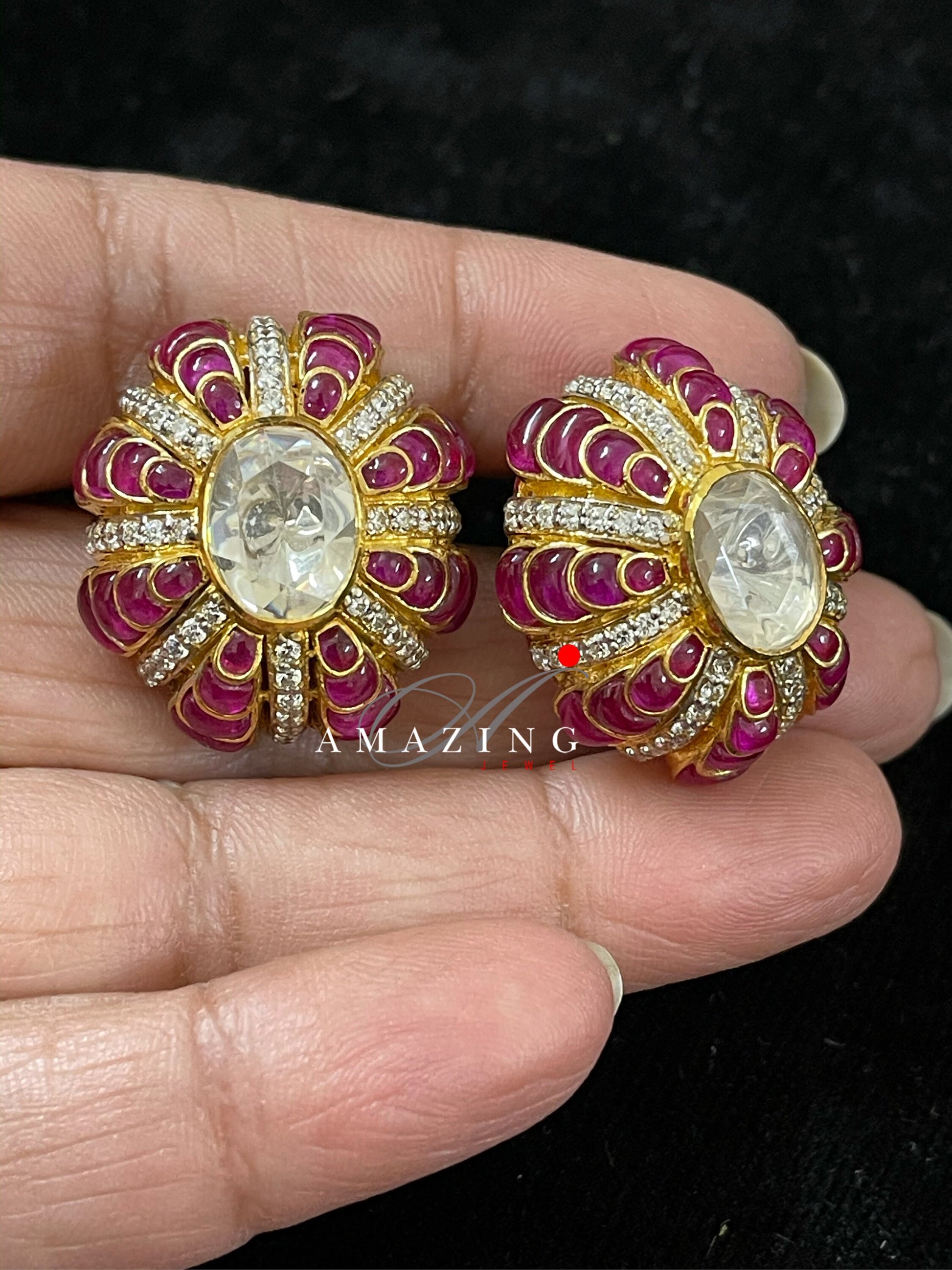 Silver Moissanite Polki with Hydro Ruby Chips Earring Moissanite Polki Kundan Stud Indian Wedding Jewelery Everyday Wear Studs Earrings