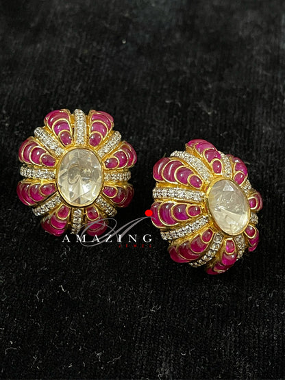 Silver Moissanite Polki with Hydro Ruby Chips Earring Moissanite Polki Kundan Stud Indian Wedding Jewelery Everyday Wear Studs Earrings