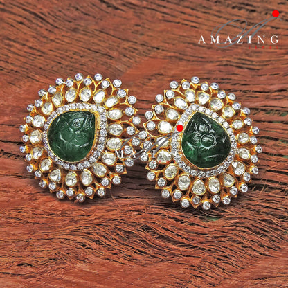 Silver Moissanite Polki Hydro Emerald Carving Earring,Indian Wedding Jewelery, Polki Stud,Statement Earring,Bridal Jewelery, Travel Jewelery