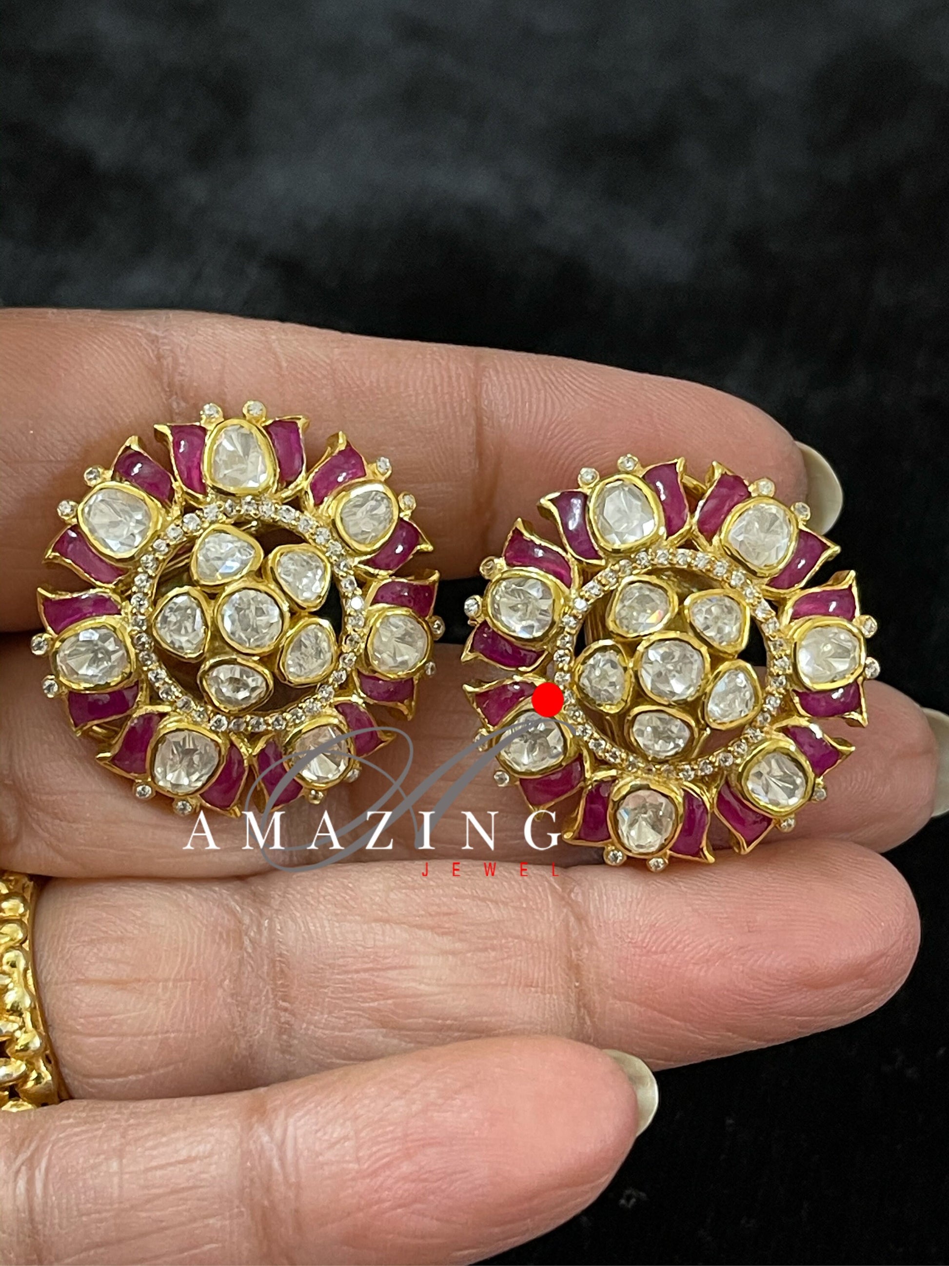 Silver Moissanite Polki with Hydro Ruby Chip Earrings Moissanite Polki Kundan Earring Indian Wedding Jewelry Silver Moissanite Polki Earring