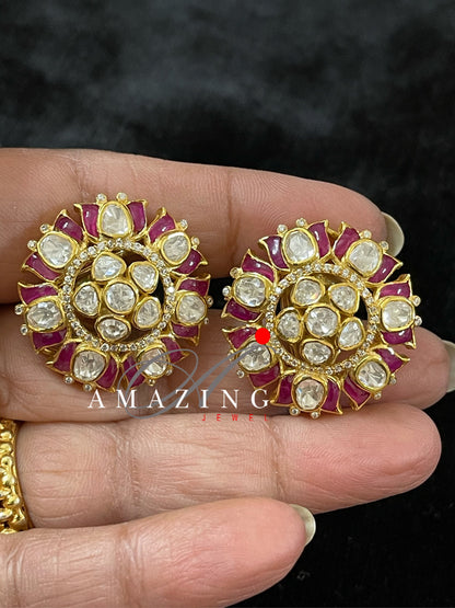 Silver Moissanite Polki with Hydro Ruby Chip Earrings Moissanite Polki Kundan Earring Indian Wedding Jewelry Silver Moissanite Polki Earring