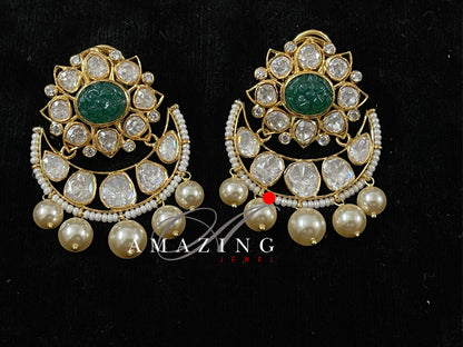 Silver Moissanite Polki with Emerald Tumble Earring  Moissanite Polki Earring   Chandbali  Bridal Jewelry 925 Sterling Silver Kundan Earring