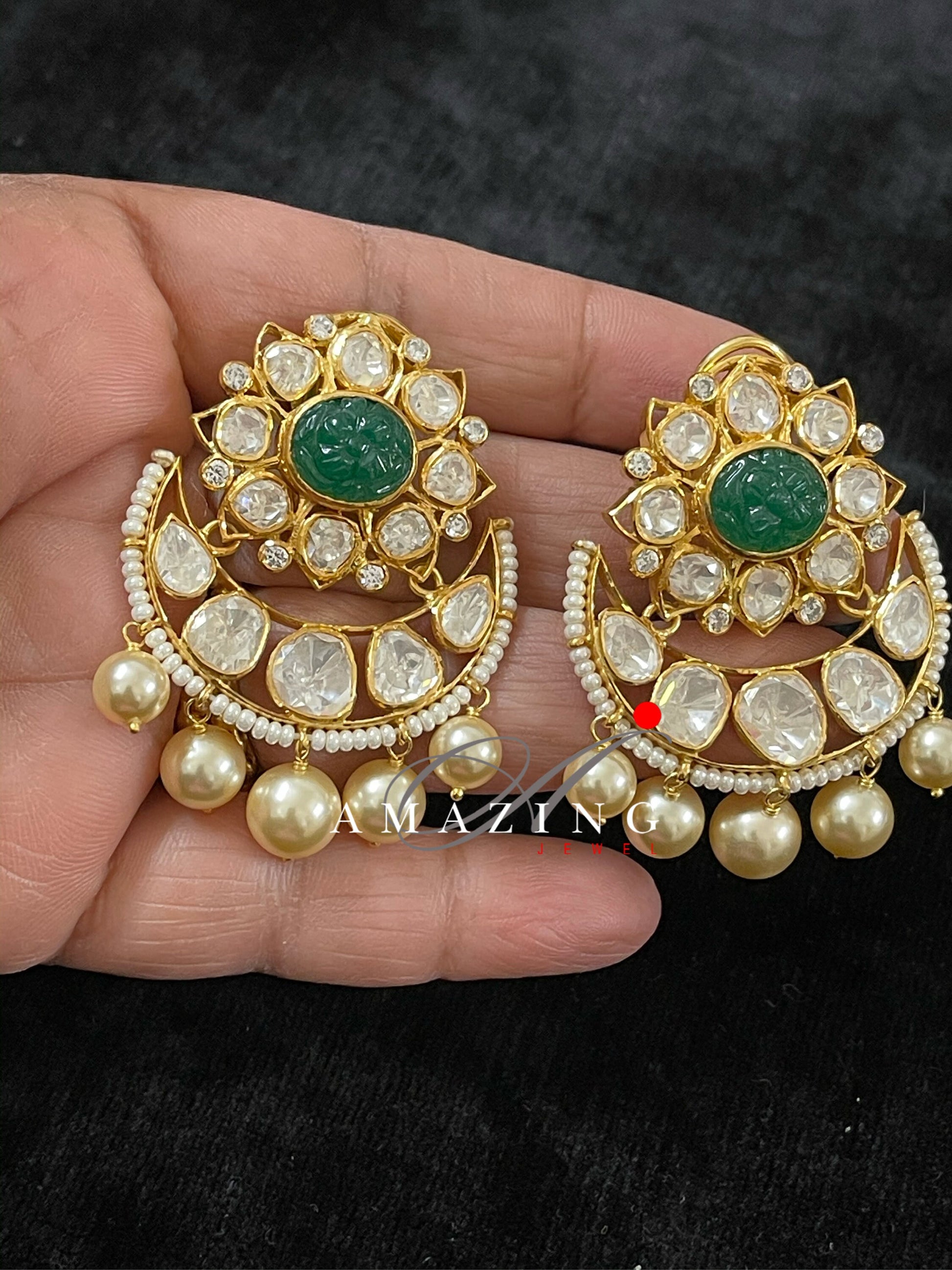 Silver Moissanite Polki with Emerald Tumble Earring  Moissanite Polki Earring   Chandbali  Bridal Jewelry 925 Sterling Silver Kundan Earring