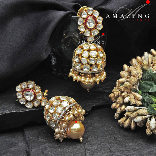 Silver Moissanite Polki Jhumka Earring Moissanite Polki Kundan Earring Indian Wedding Jewelry Silver Moissanite Polki Earring Bridal Jhumka