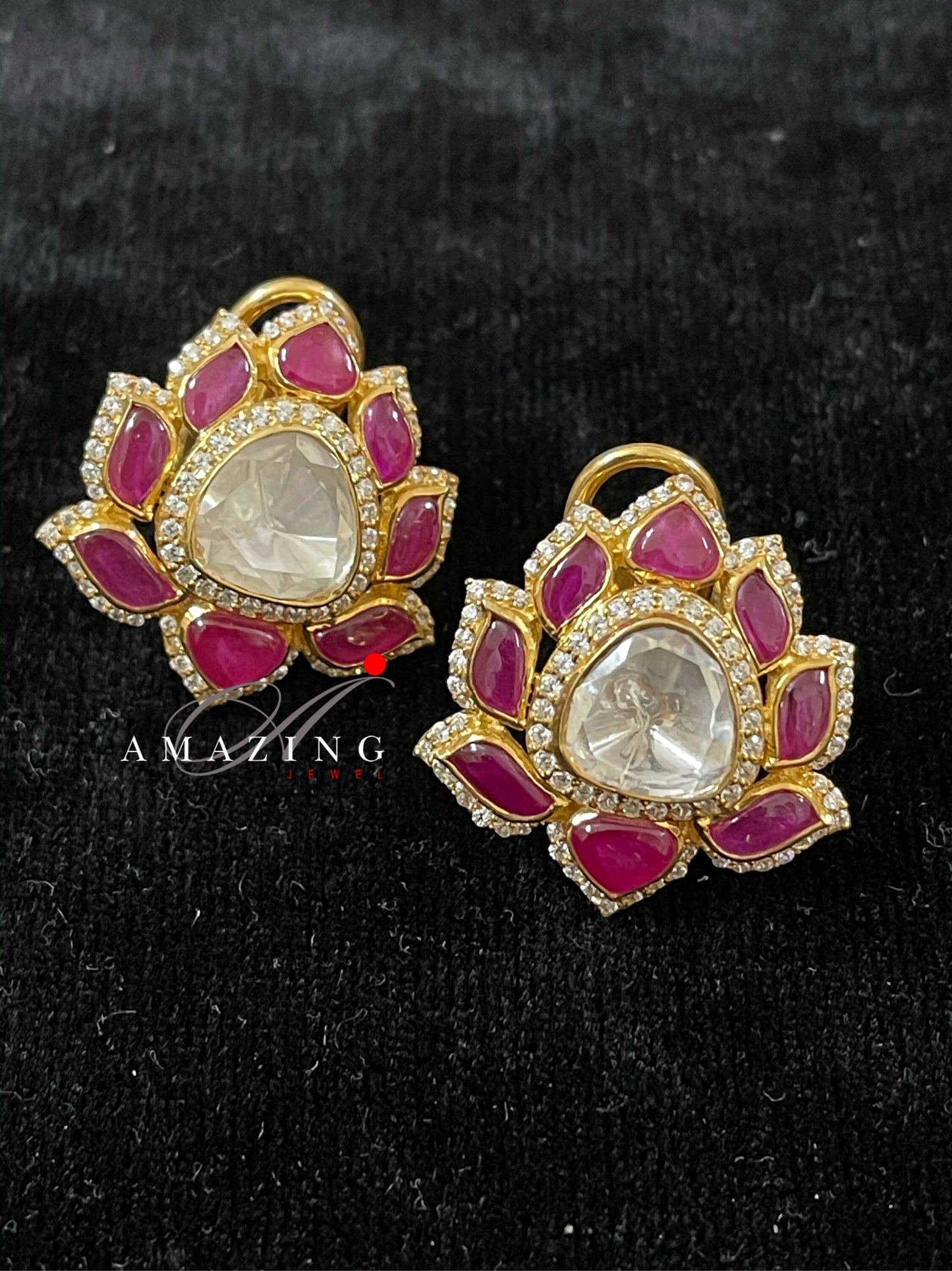 Silver Moissanite Polki with Hydro Ruby Chips Earring Moissanite Polki Kundan Earring Indian Wedding Jewelry Everyday jewellery Studs