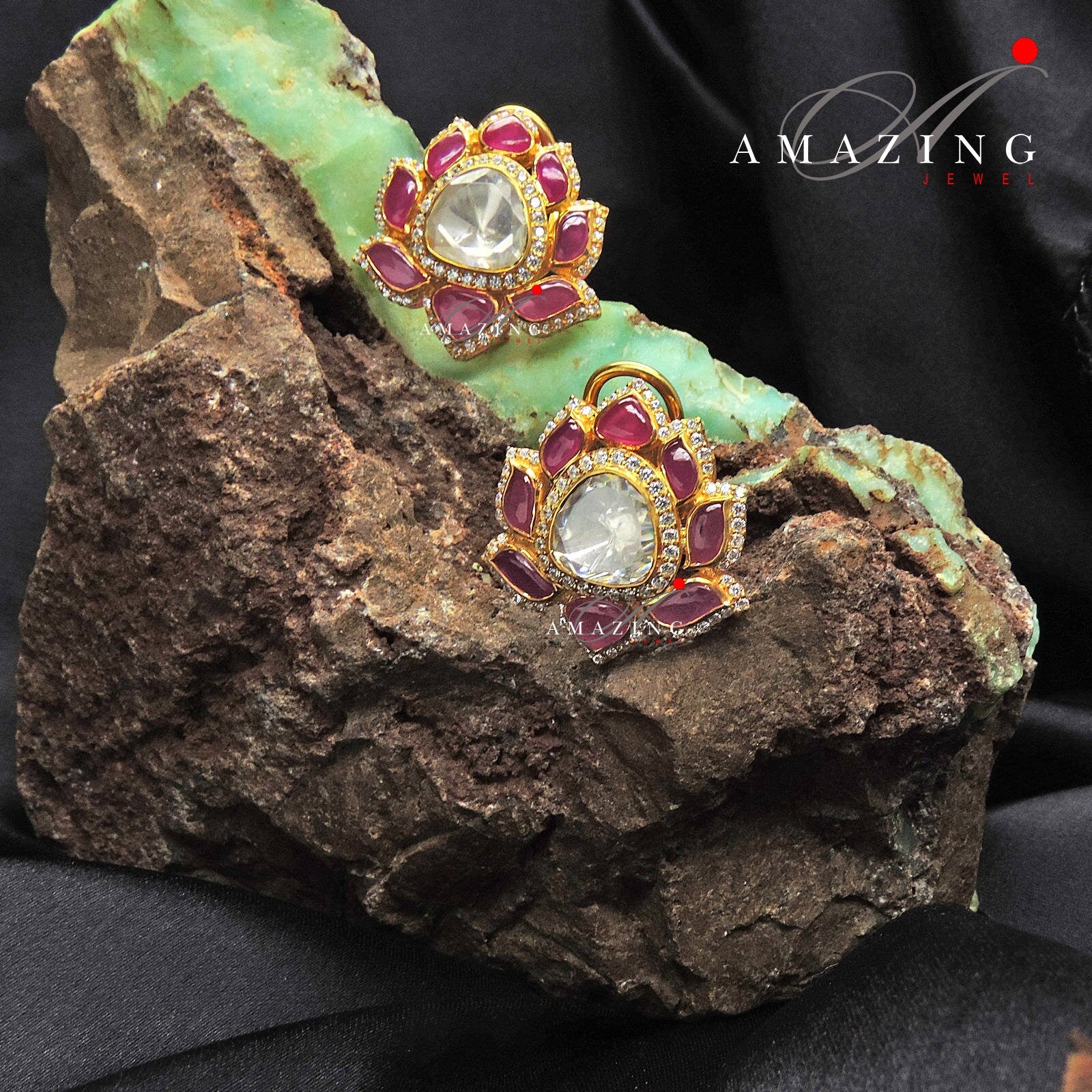 Silver Moissanite Polki with Hydro Ruby Chips Earring Moissanite Polki Kundan Earring Indian Wedding Jewelry Everyday jewellery Studs