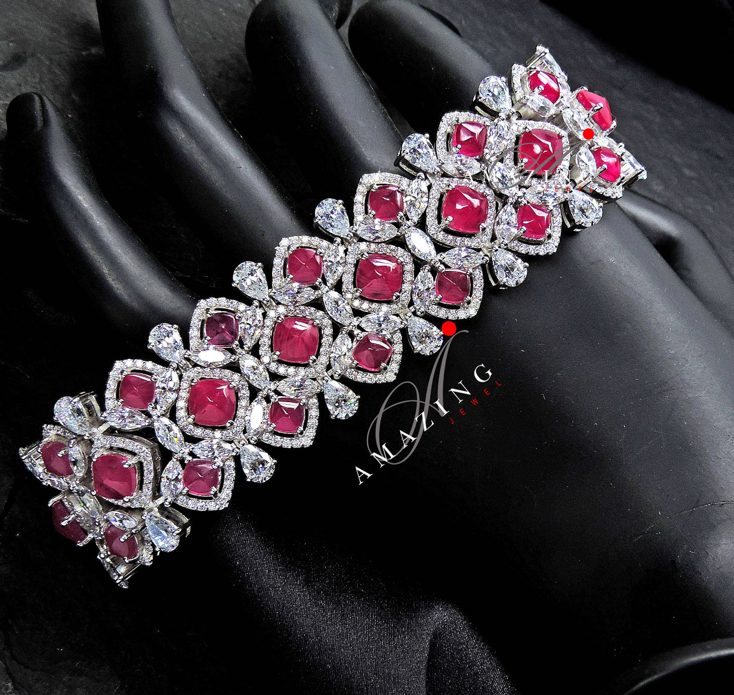 Silver Swarovski Glass Filled Ruby Bracelet Cubic Zirconia Bracelet Contemporary Bracelet 925 Silver Bracelet Bridal Jewelery 18K Plated