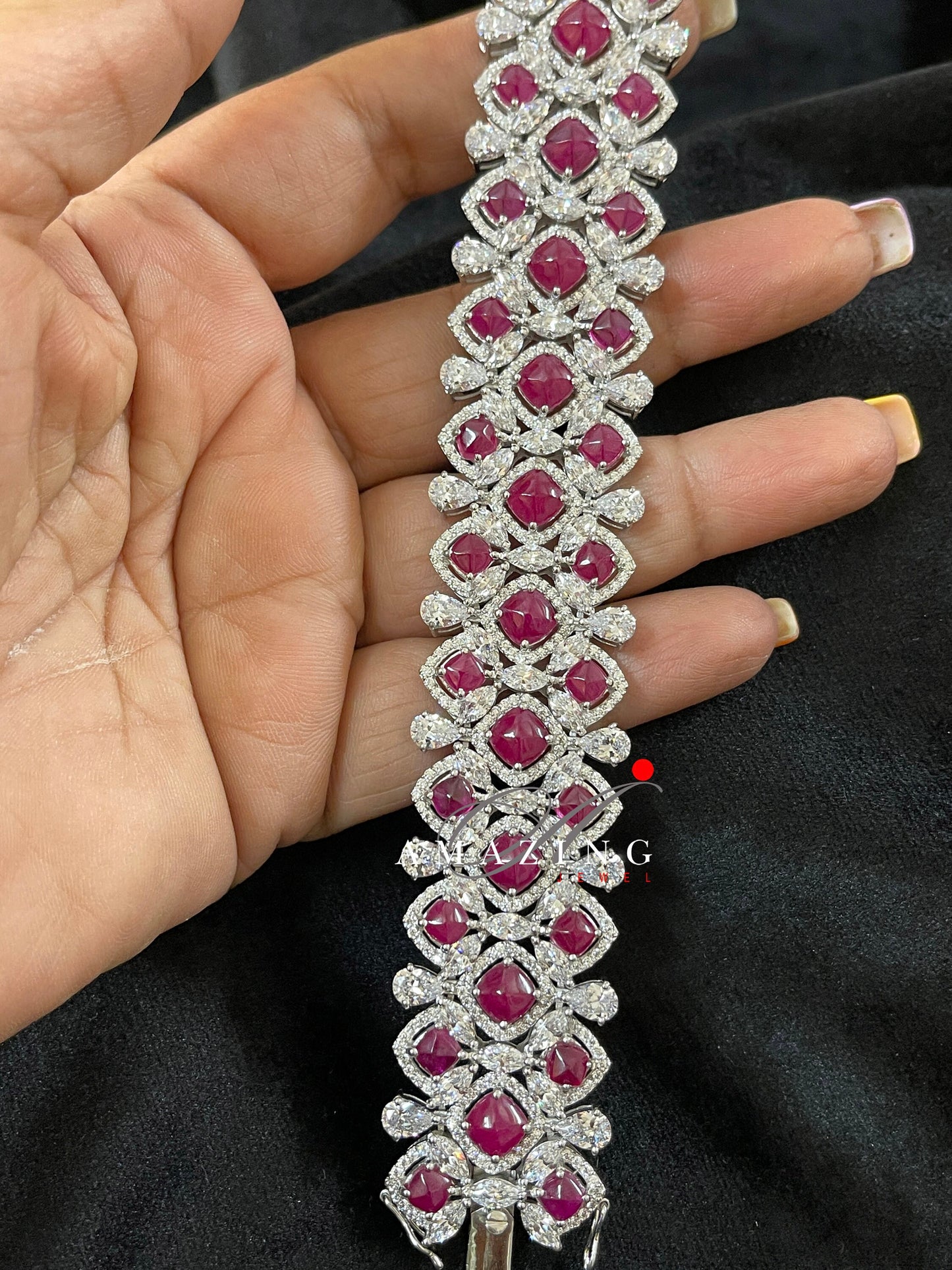 Silver Swarovski Glass Filled Ruby Bracelet Cubic Zirconia Bracelet Contemporary Bracelet 925 Silver Bracelet Bridal Jewelery 18K Plated