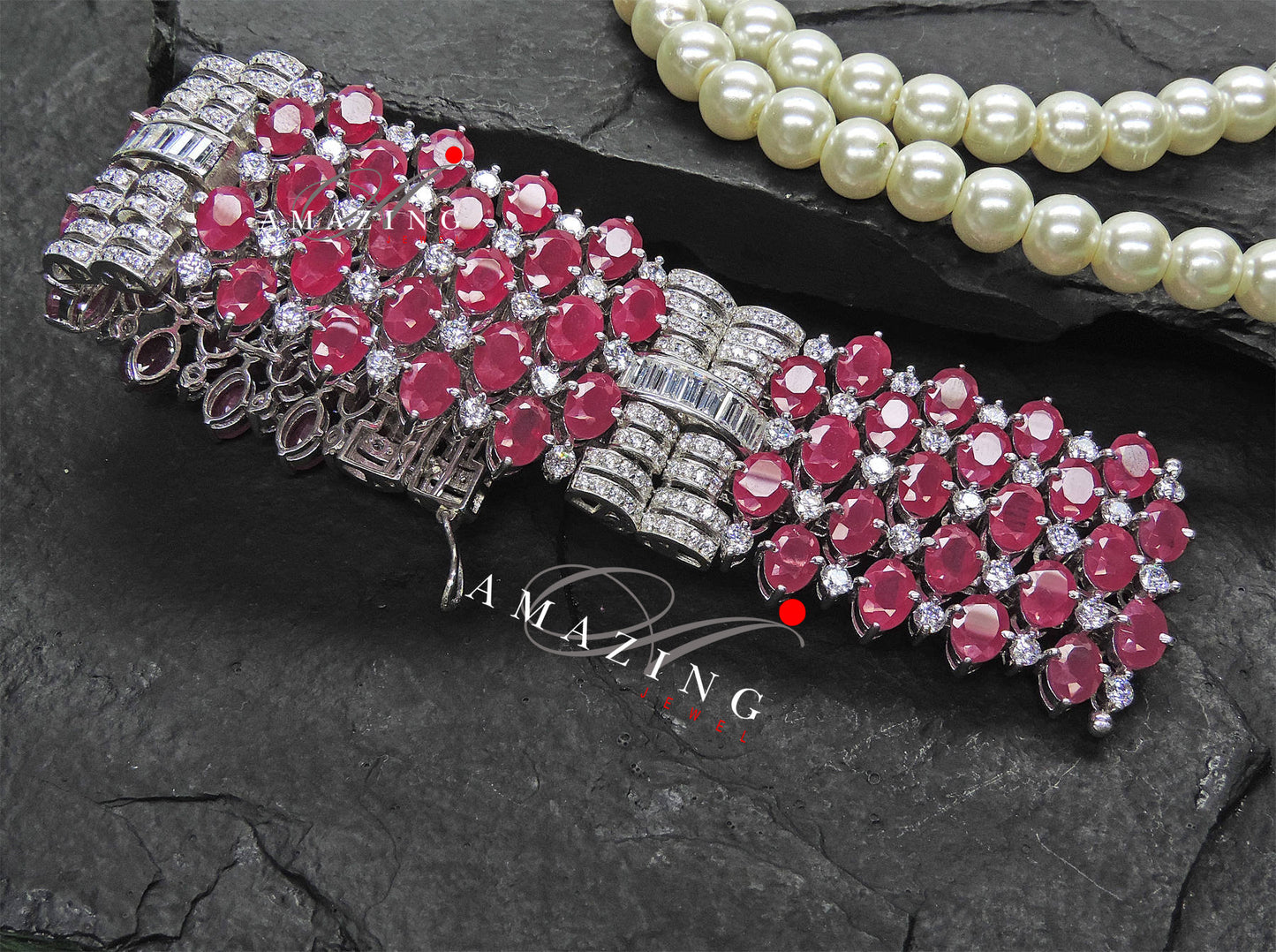 Silver Swarovski Glass Filled Ruby Bracelet Cubic Zirconia Bracelet Contemporary Bracelet 925 Silver Bracelet Bridal Jewelery 18K Plated