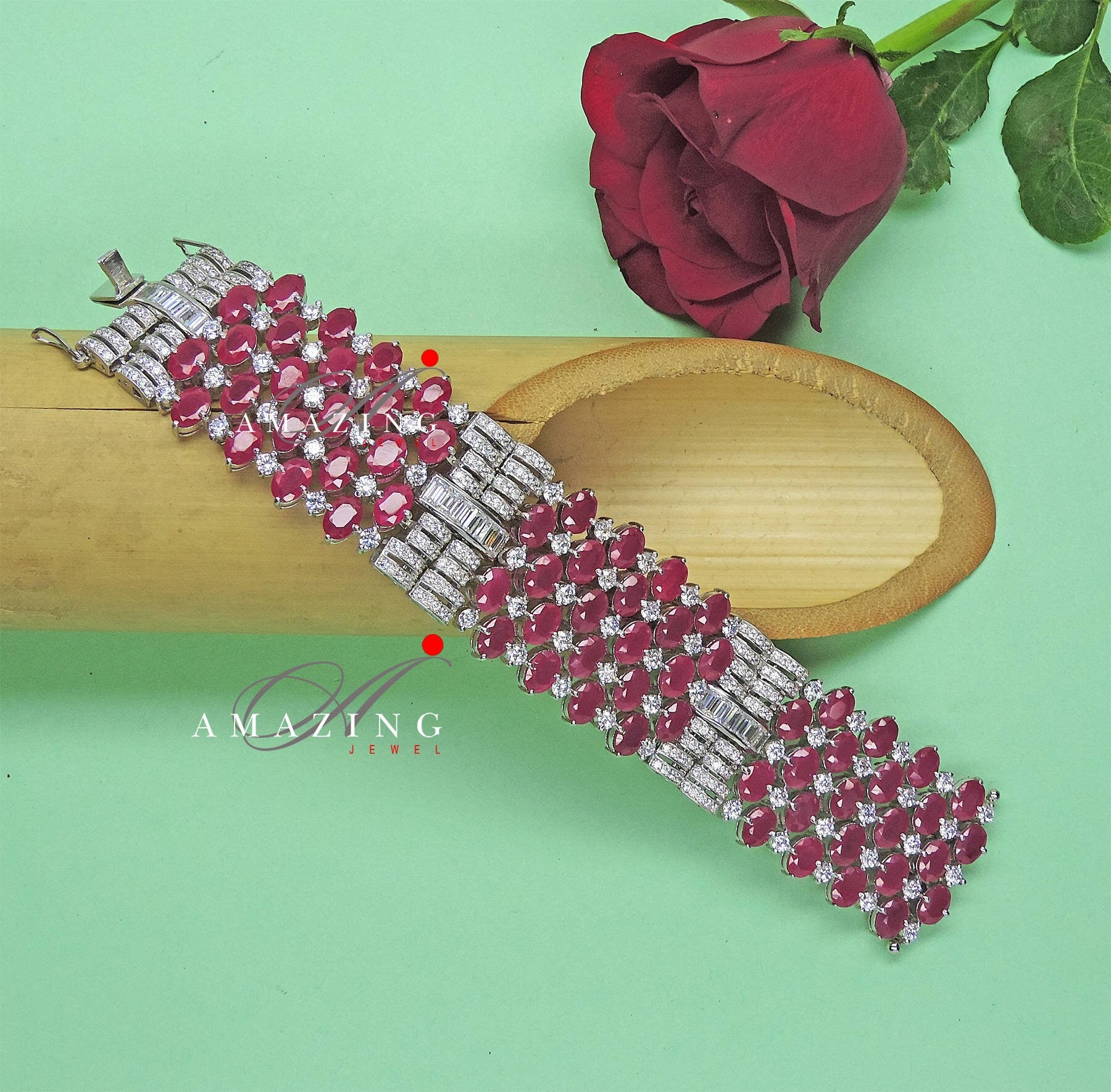 Silver Swarovski Glass Filled Ruby Bracelet Cubic Zirconia Bracelet Contemporary Bracelet 925 Silver Bracelet Bridal Jewelery 18K Plated