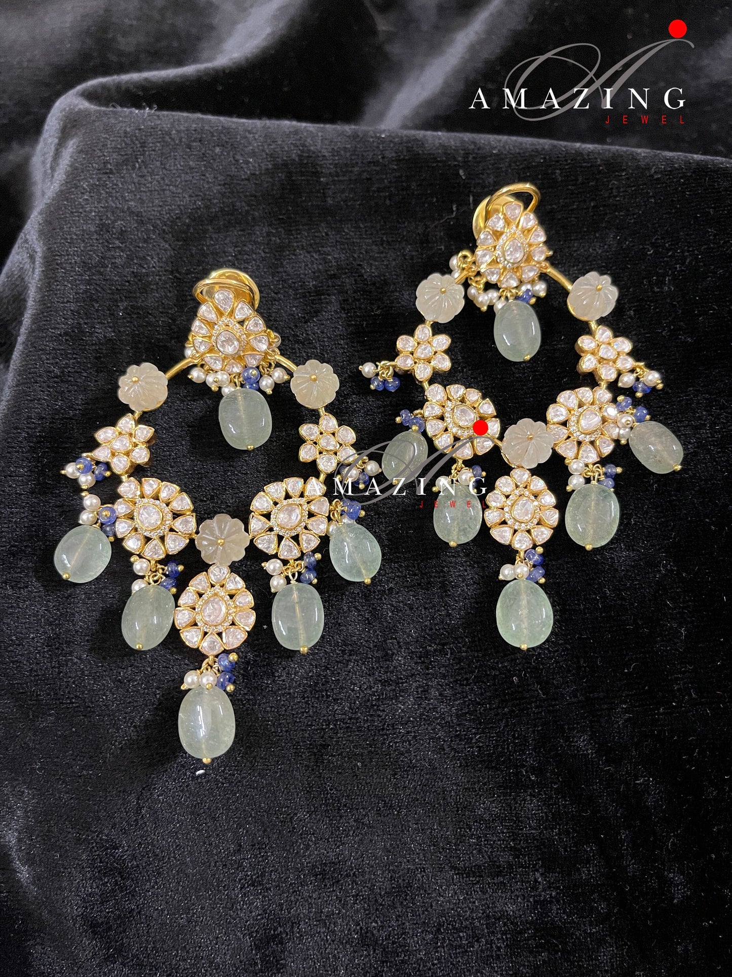 Silver Moissanite Polki Emerald & Morganita Stone Earring Kundan Chandbali Bridal Jewelery Traditional Jewelery 925 Silver Earring Chandbali