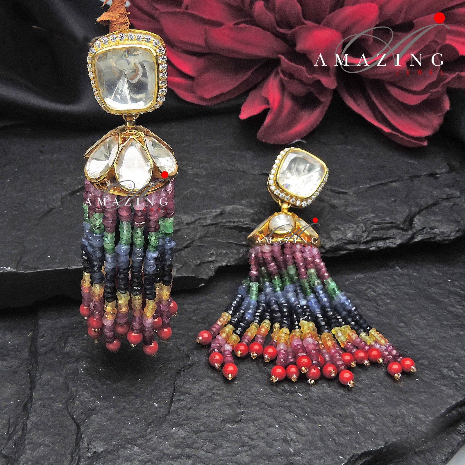 Silver Moissanite Polki Semi Precious Navaratan Beads Tassel Earring,Polki Earring IndianWedding Jewelry,BridalWear,Indian Wedding Jewellery