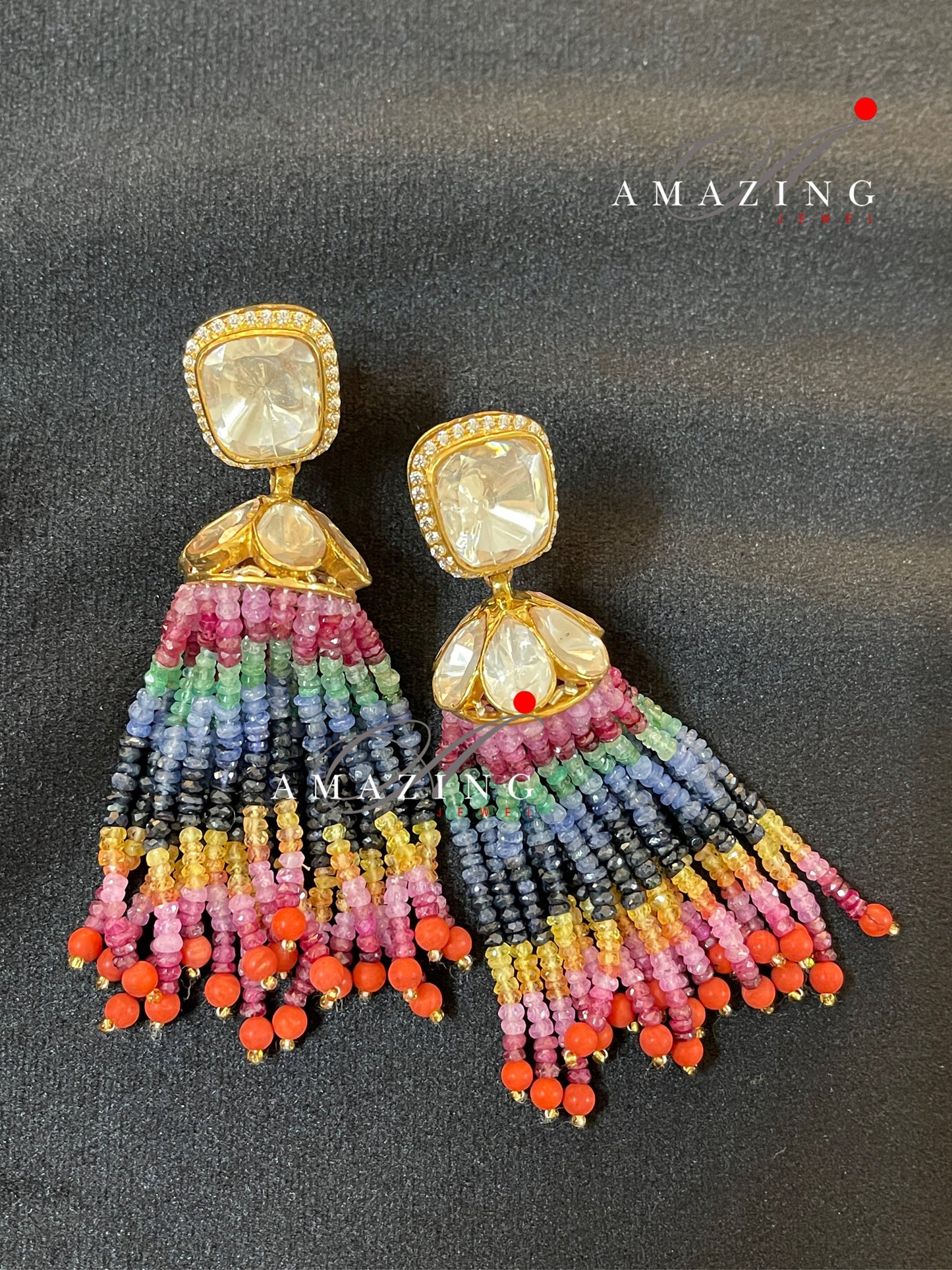 Silver Moissanite Polki Semi Precious Navaratan Beads Tassel Earring,Polki Earring IndianWedding Jewelry,BridalWear,Indian Wedding Jewellery