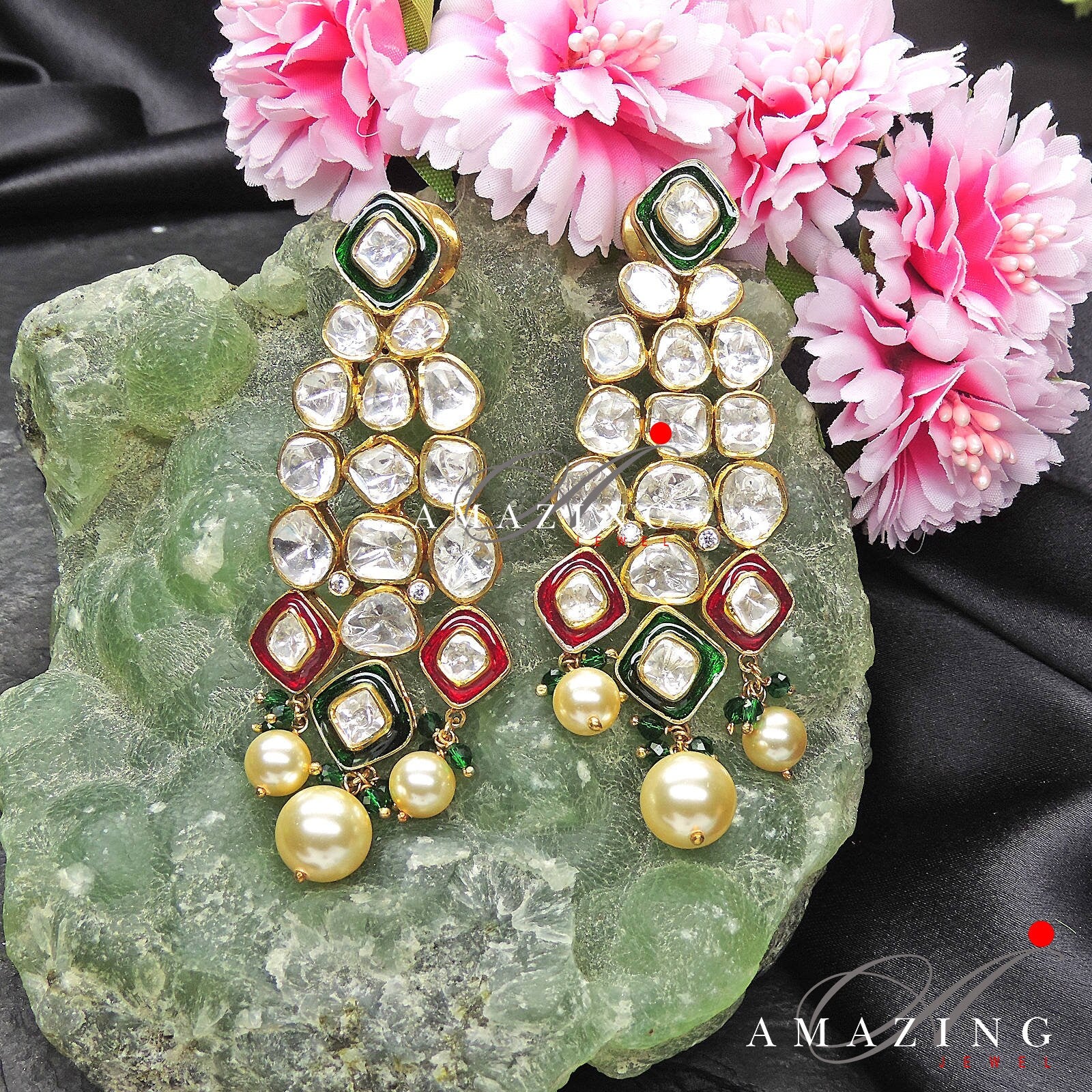 Silver Moissanite Polki Earring Kundan Chandelier Bridal Jewelery Traditional Jewelery 925 Silver Earring 18K Plated Party Wear Earrings