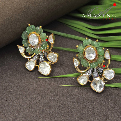 Silver Moissanite Polki Hydro Emerald Melon Earring,Indian Wedding Jewelery, Polki Stud,Statement Earring,Bridal Jewelery, Travel Jewelery