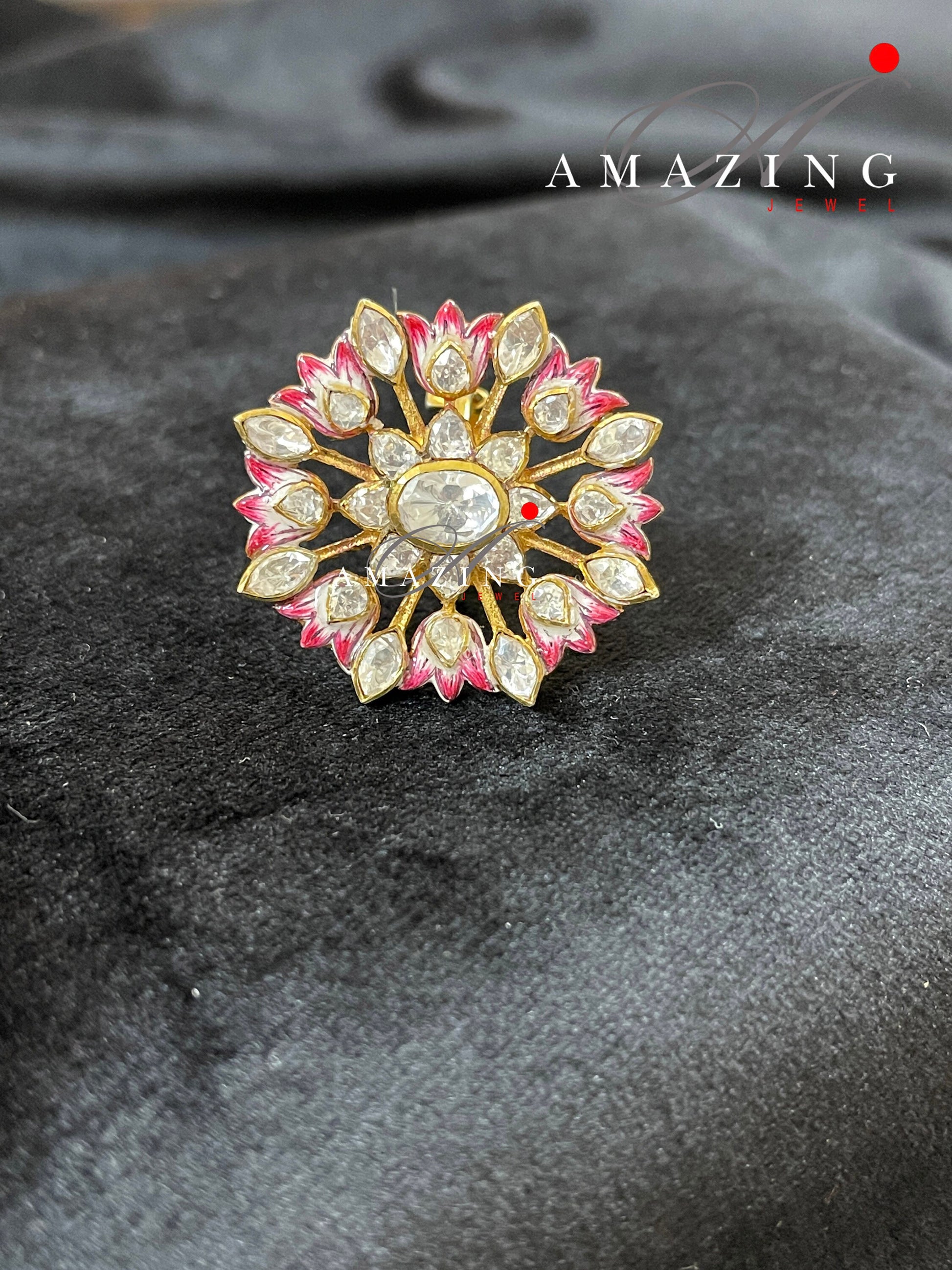 Silver Moissanite Polki & Pink Enamel Ring, Indian Traditional Ring, Polki Ring , Adjustable Ring ,Indian Wedding Jewelery, Travel Ring