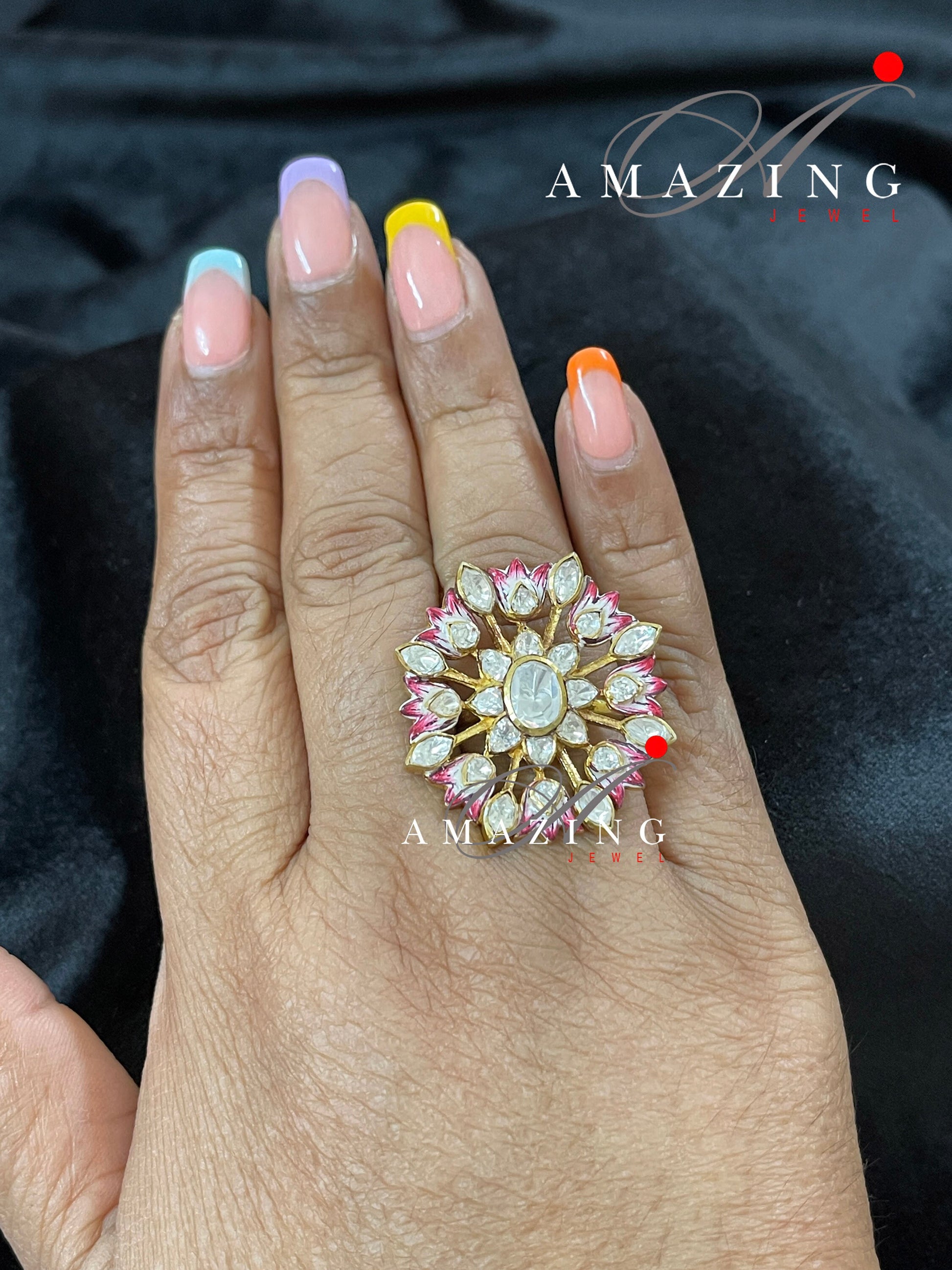 Silver Moissanite Polki & Pink Enamel Ring, Indian Traditional Ring, Polki Ring , Adjustable Ring ,Indian Wedding Jewelery, Travel Ring