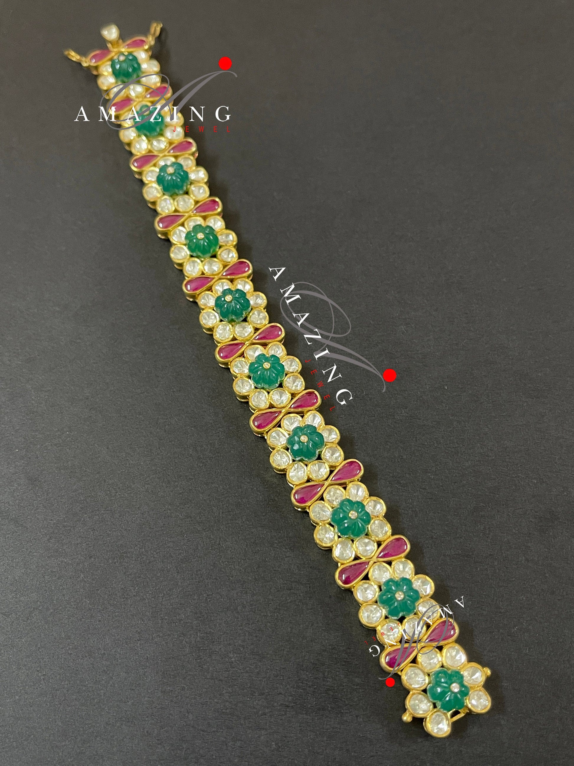 Silver Moissanite Polki Bracelet,Hydro Ruby & Emerald,Indian Traditional Bracelet ,Moissanite Polki Bracelet , Indian Wedding Jewelery