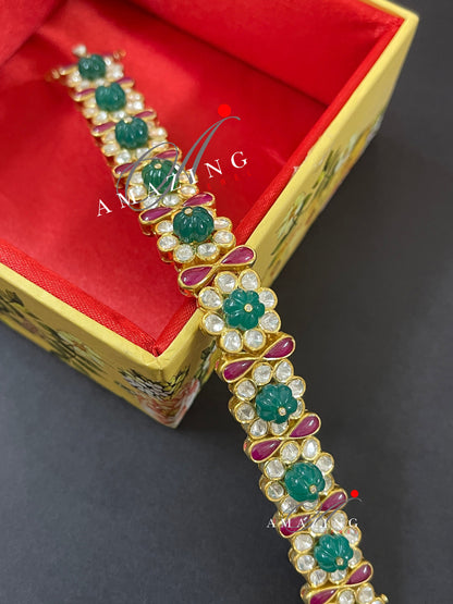 Silver Moissanite Polki Bracelet,Hydro Ruby & Emerald,Indian Traditional Bracelet ,Moissanite Polki Bracelet , Indian Wedding Jewelery