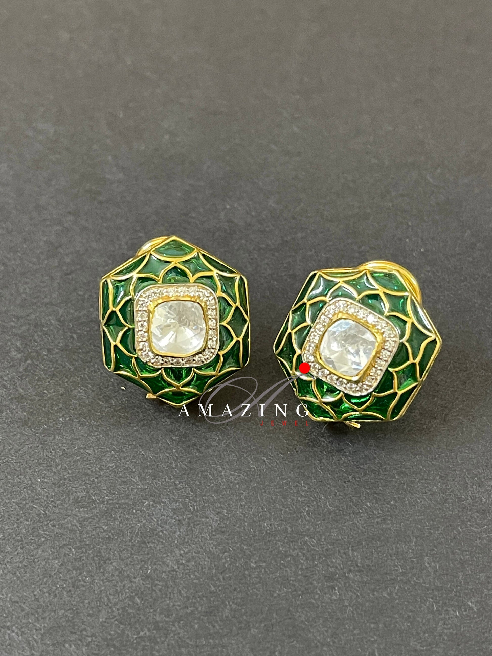 Silver Moissanite Polki Enamel Earring Moissanite Polki Kundan Studs Indian Wedding Jewelery Everyday jewellery Studs Party wear Earring