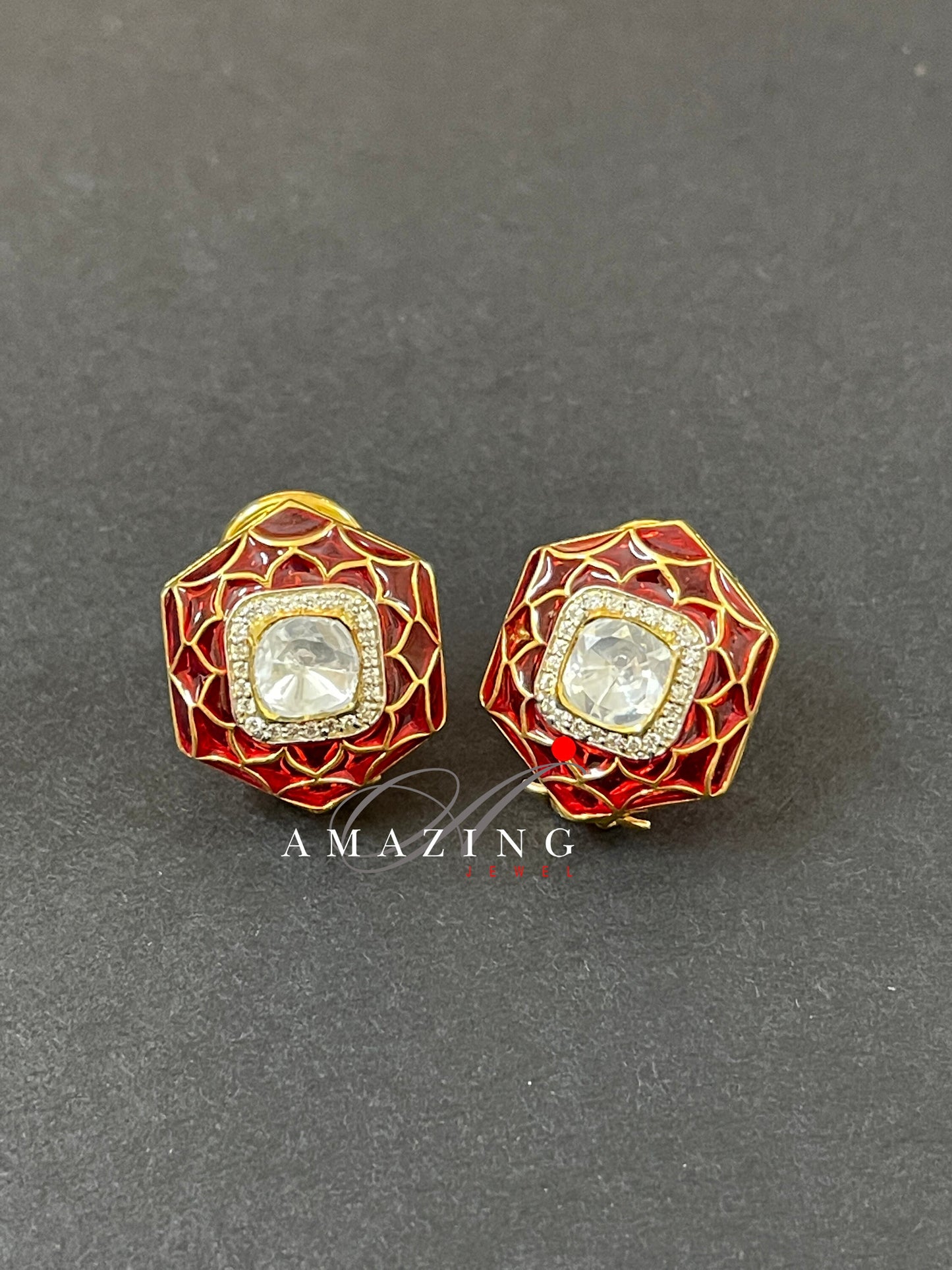 Silver Moissanite Polki Enamel Earring Moissanite Polki Kundan Studs Indian Wedding Jewelery Everyday jewellery Studs Party wear Earring