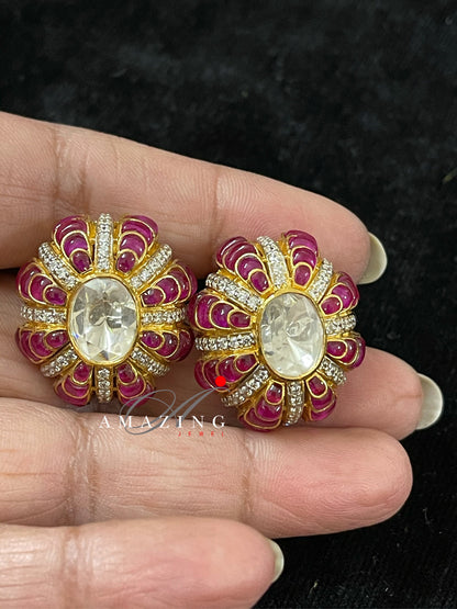 Silver Moissanite Polki with Hydro Ruby Chips Earring Moissanite Polki Kundan Stud Indian Wedding Jewelery Everyday Wear Studs Earrings