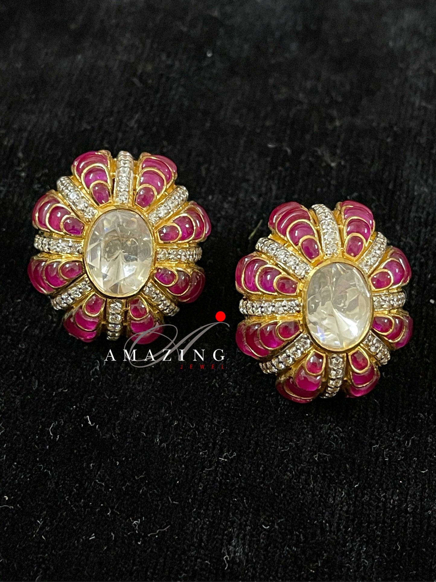 Silver Moissanite Polki with Hydro Ruby Chips Earring Moissanite Polki Kundan Stud Indian Wedding Jewelery Everyday Wear Studs Earrings