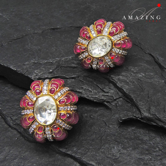 Silver Moissanite Polki with Hydro Ruby Chips Earring Moissanite Polki Kundan Stud Indian Wedding Jewelery Everyday Wear Studs Earrings