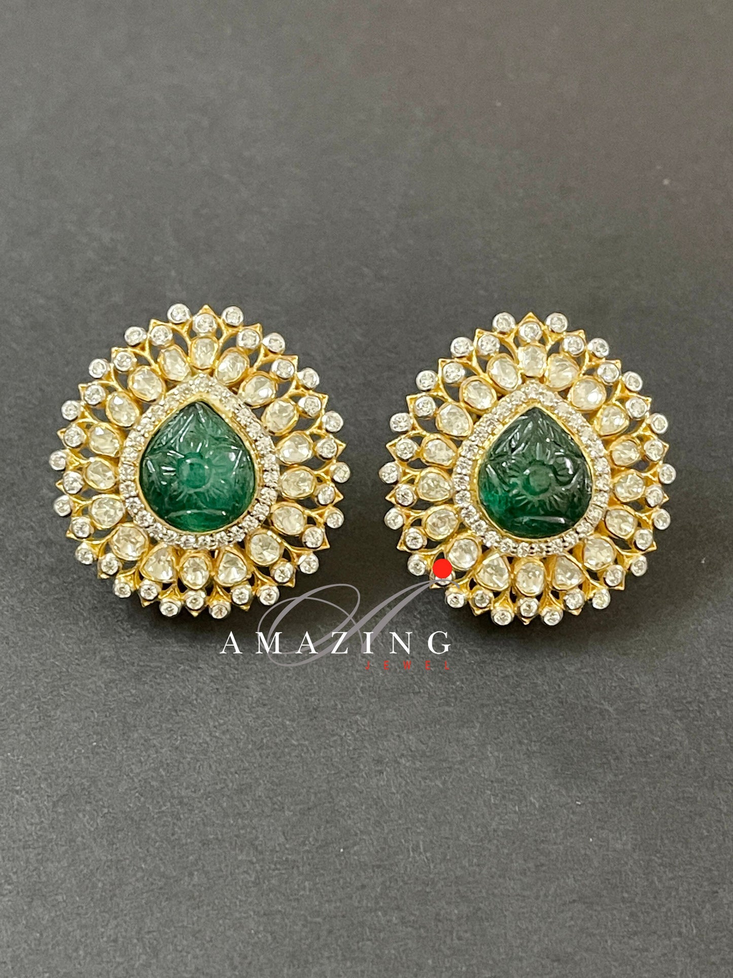 Silver Moissanite Polki Hydro Emerald Carving Earring,Indian Wedding Jewelery, Polki Stud,Statement Earring,Bridal Jewelery, Travel Jewelery