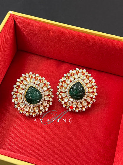 Silver Moissanite Polki Hydro Emerald Carving Earring,Indian Wedding Jewelery, Polki Stud,Statement Earring,Bridal Jewelery, Travel Jewelery